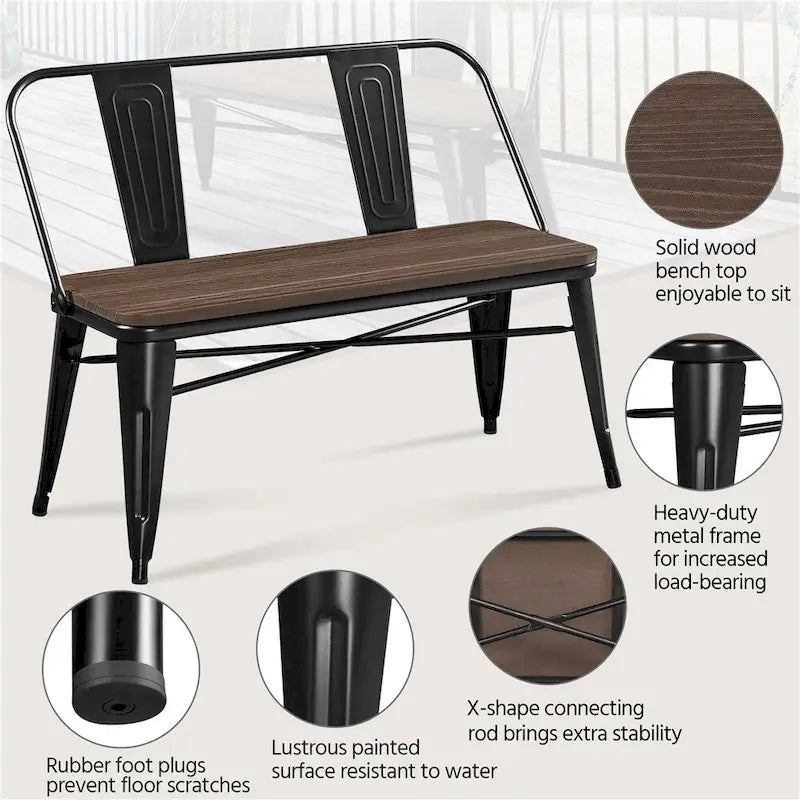 Industrial Dining Bench with Wood Top and Detachable Backrest, Black