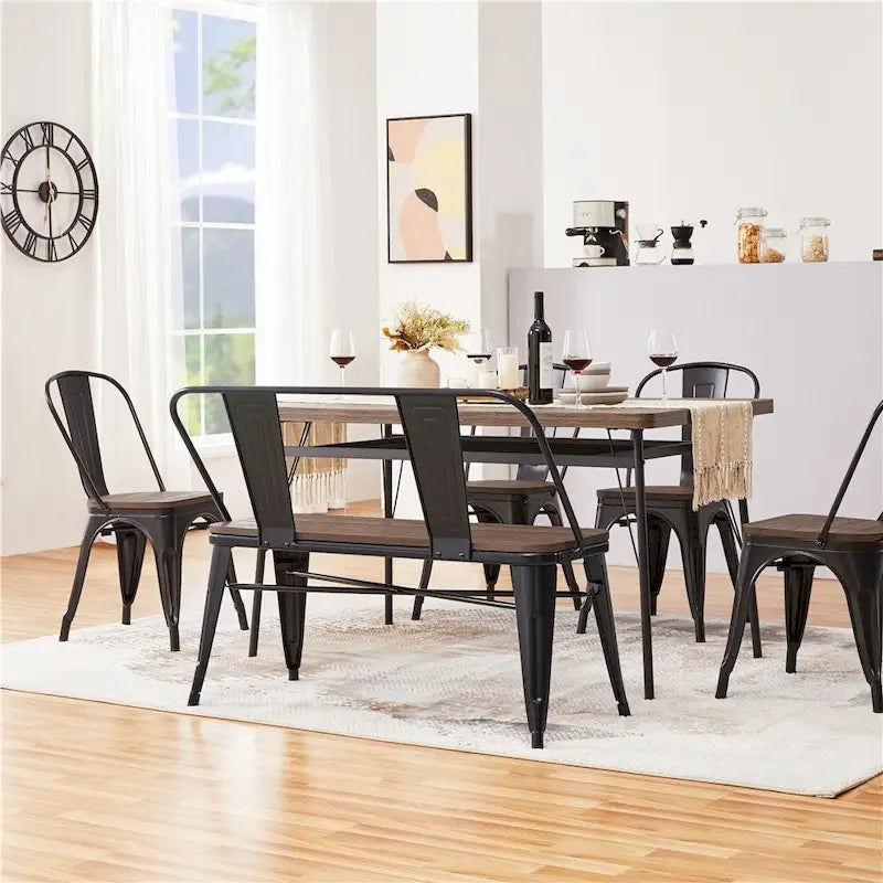 Industrial Dining Bench with Wood Top and Detachable Backrest, Black