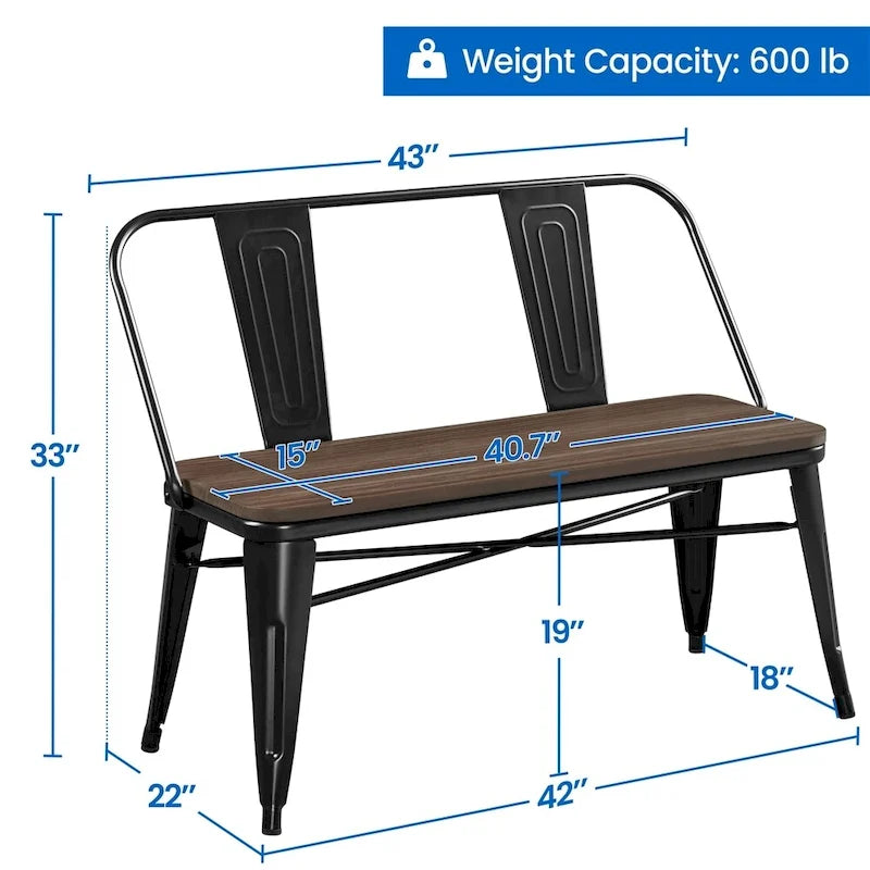 Industrial Dining Bench with Wood Top and Detachable Backrest, Black