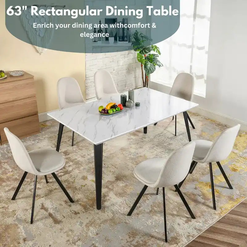 63-Inch Rectangular Dining Table for 4-6, Faux Marble Top with Metal Legs