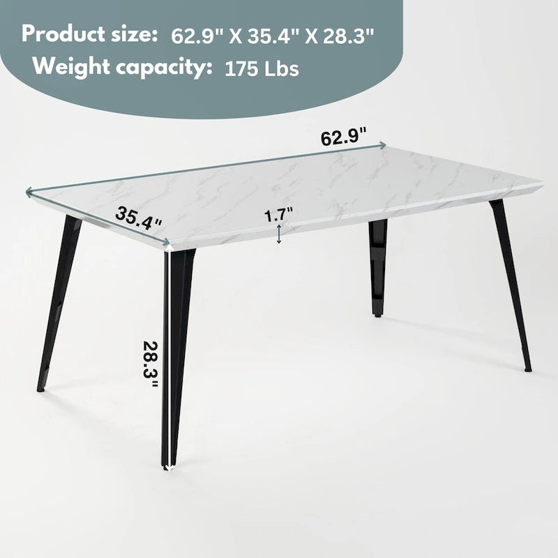 63-Inch Rectangular Dining Table for 4-6, Faux Marble Top with Metal Legs