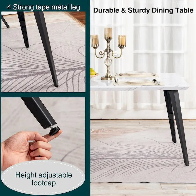63-Inch Rectangular Dining Table for 4-6, Faux Marble Top with Metal Legs