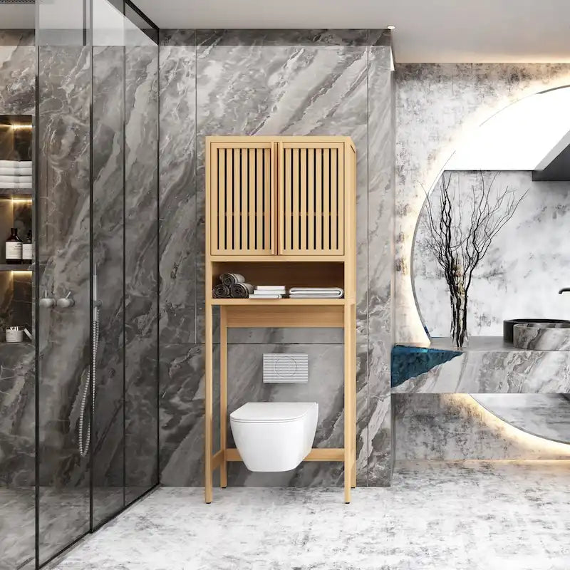 Bamboo Over-the-Toilet Storage Cabinet with Open Shelf and Double Louvered Doors