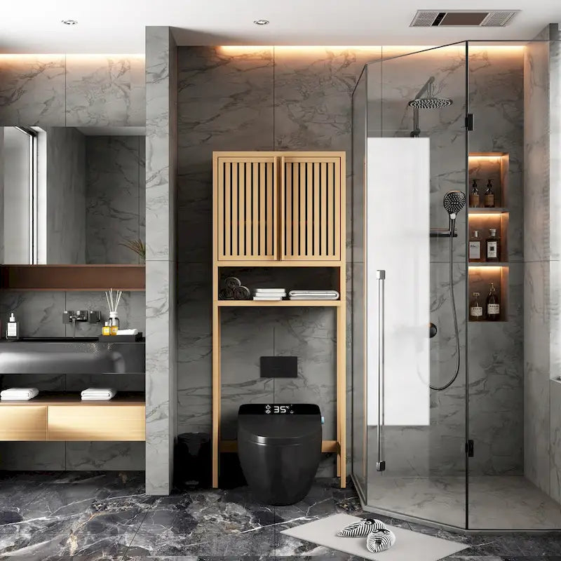 Bamboo Over-the-Toilet Storage Cabinet with Open Shelf and Double Louvered Doors