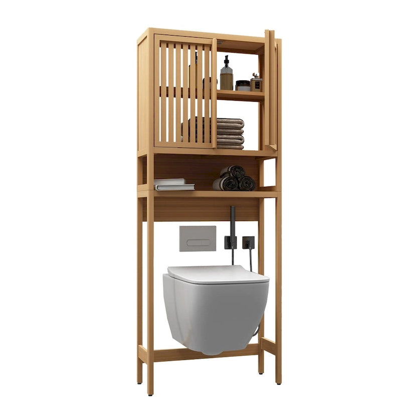 Bamboo Over-the-Toilet Storage Cabinet with Open Shelf and Double Louvered Doors