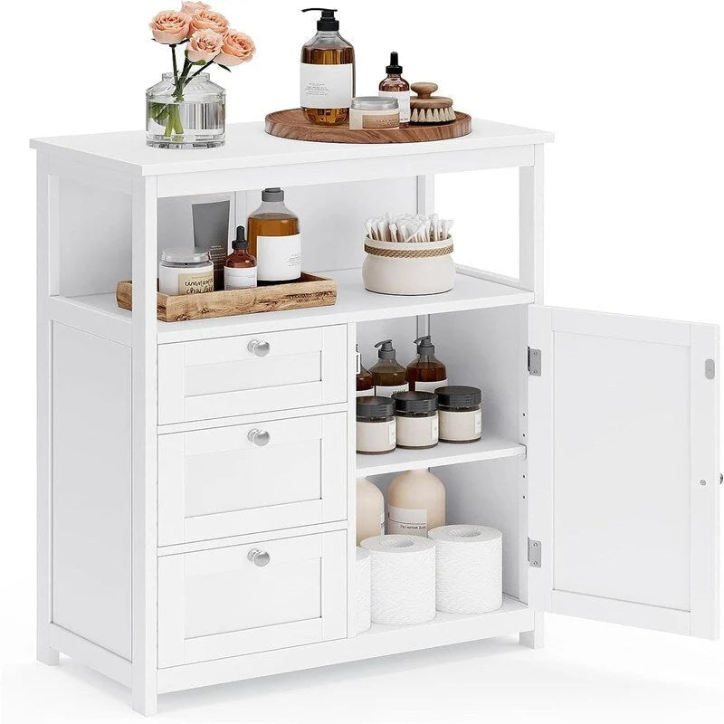 Bathroom Floor Storage Cabinet with 3 Drawers and Adjustable Shelf, White