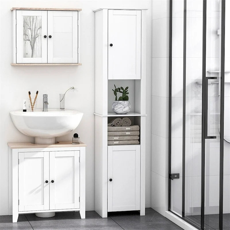Tall Freestanding Linen Tower Cabinet with 2 Doors and 2 Open Shelves, White