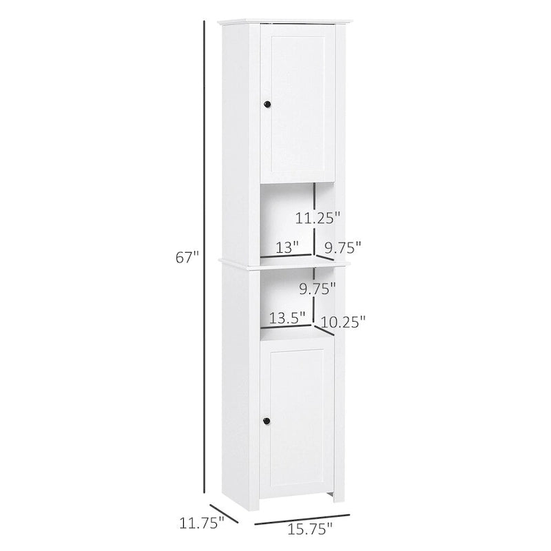 Tall Freestanding Linen Tower Cabinet with 2 Doors and 2 Open Shelves, White