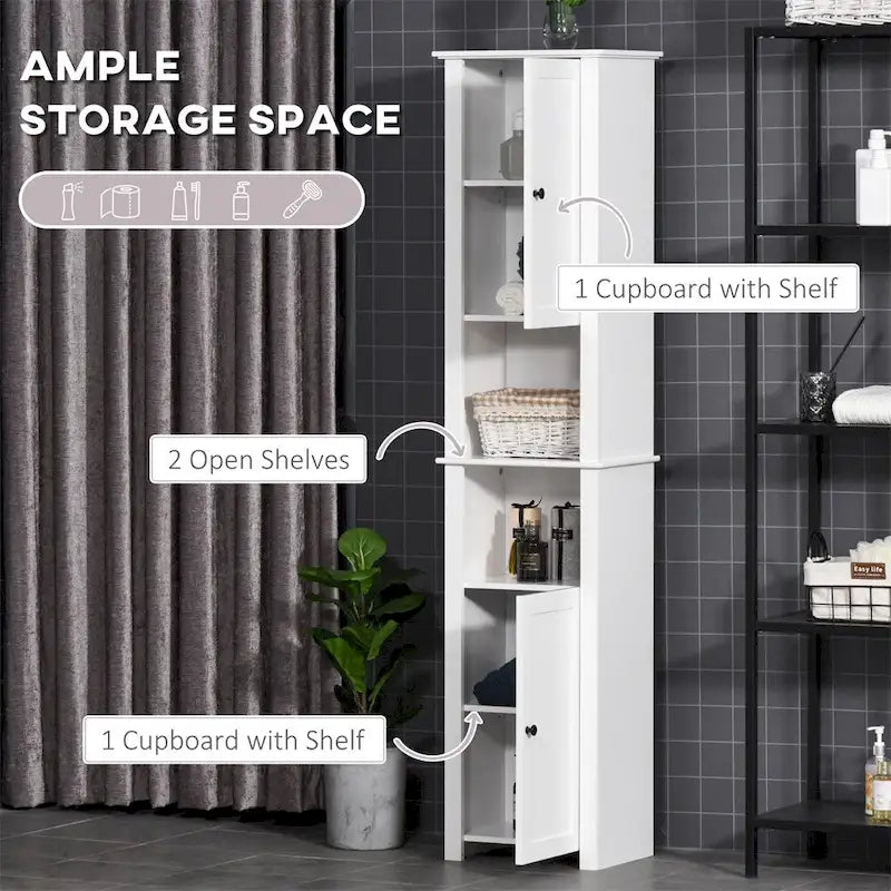 Tall Freestanding Linen Tower Cabinet with 2 Doors and 2 Open Shelves, White