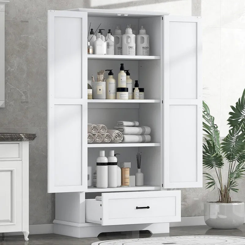 Tall Bathroom Storage Cabinet with 2 Doors, 1 Drawer and Adjustable Shelves, White