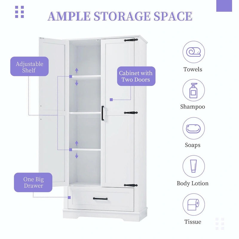 Tall Bathroom Storage Cabinet with 2 Doors, 1 Drawer and Adjustable Shelves, White