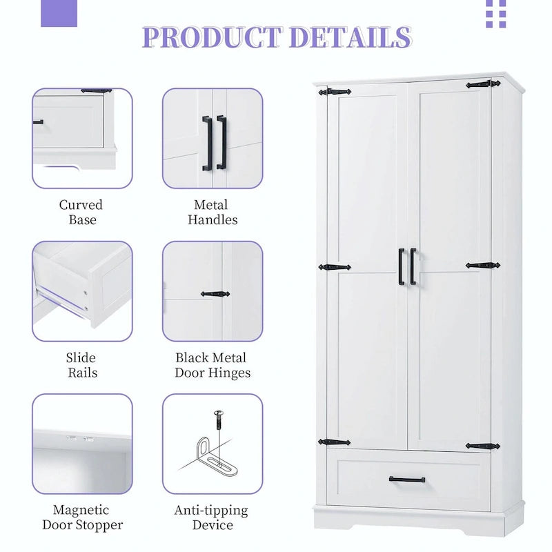 Tall Bathroom Storage Cabinet with 2 Doors, 1 Drawer and Adjustable Shelves, White