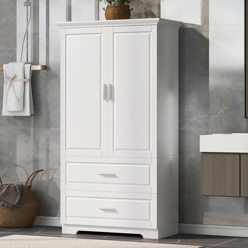 Bathroom Storage Cabinet with 2 Doors, 2 Drawers and Adjustable Shelf, White
