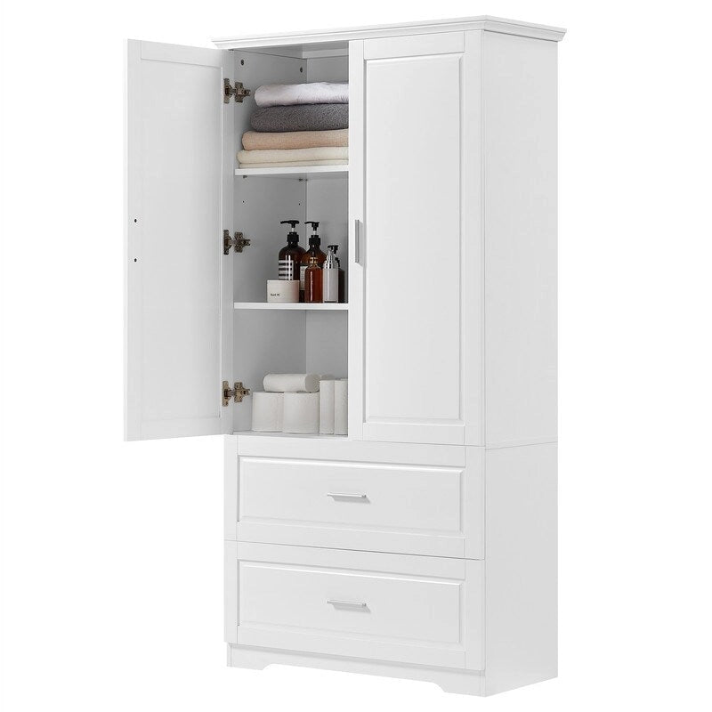 Bathroom Storage Cabinet with 2 Doors, 2 Drawers and Adjustable Shelf, White