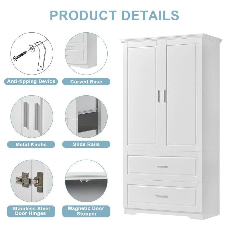 Bathroom Storage Cabinet with 2 Doors, 2 Drawers and Adjustable Shelf, White