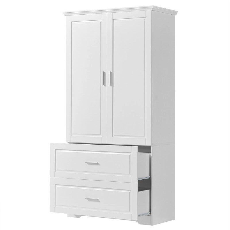 Bathroom Storage Cabinet with 2 Doors, 2 Drawers and Adjustable Shelf, White
