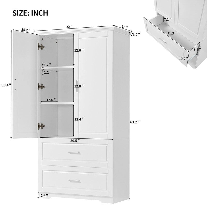 Bathroom Storage Cabinet with 2 Doors, 2 Drawers and Adjustable Shelf, White