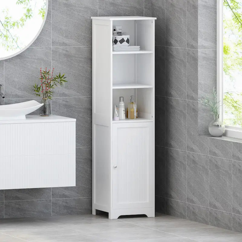 63-Inch Tall Freestanding Bathroom Linen Cabinet with 1 Door and 3 Open Shelves, White
