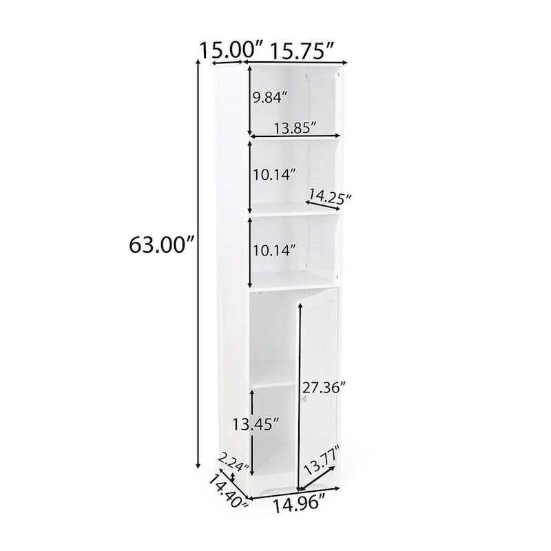 63-Inch Tall Freestanding Bathroom Linen Cabinet with 1 Door and 3 Open Shelves, White